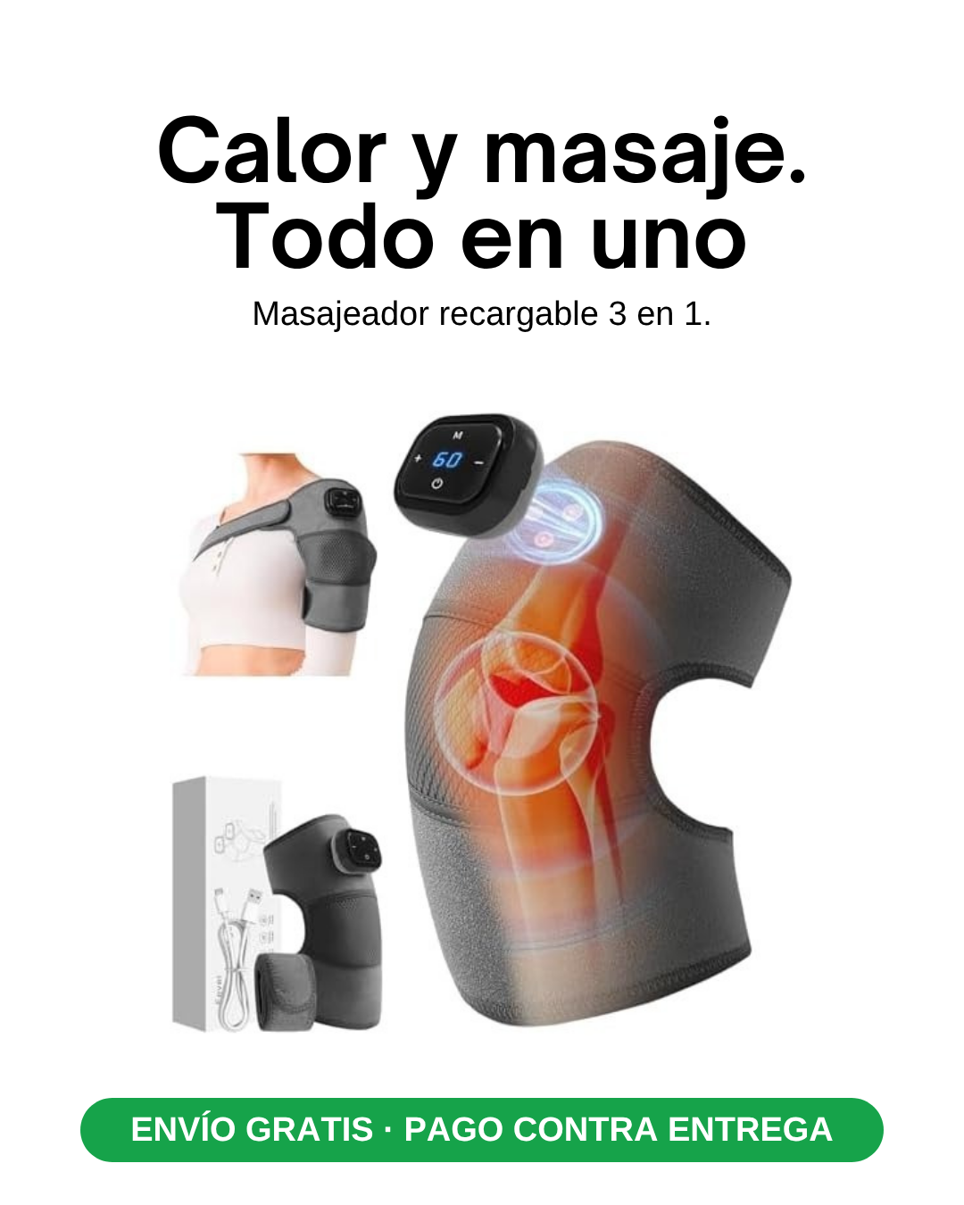 Masajeador recargable 3 en 1: calor y masaje. Envío gratis y pago contra entrega